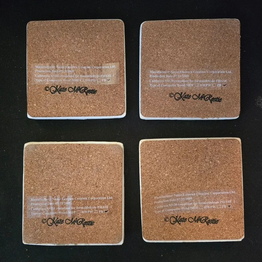 Kate McRostie Bird Coasters Set of 4 Goose Dove Partridge‎ Hen Cork Backing 2009